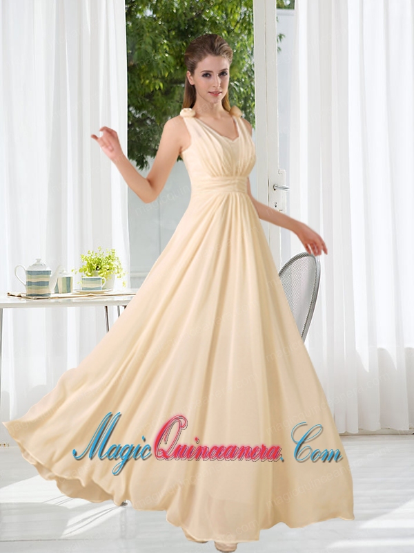 2015 Modest V Neck Empire Ruching Dama Dress