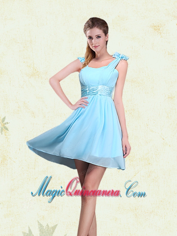 2015 Ruching Chiffon Aqua Blue Dama Dresses with Mini Length