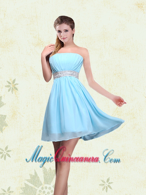 2015 Ruching Chiffon Aqua Blue Dama Dresses with Mini Length