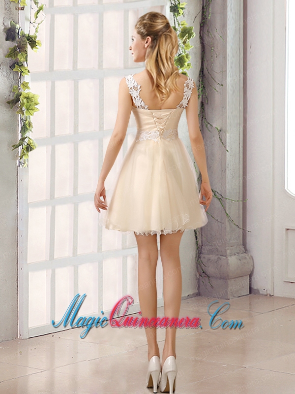 2015 Decent Straps Appliques Dama Dress with Mini Length