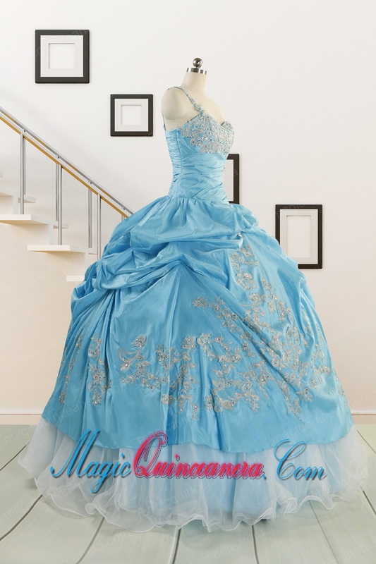 2015 Pretty One Shoulder Appliques Quinceanera Dresses in Aqua Blue