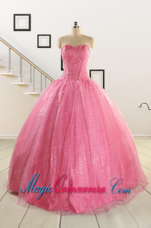 2015 Pretty Strapless Quinceanera Dresses in Rose Pink