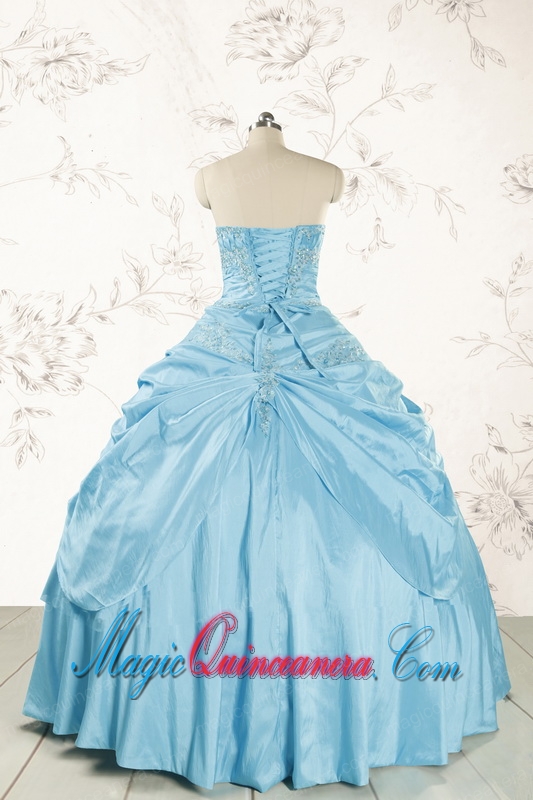 2015 Discount Strapless Appliques Sweet 15 Dress in Aqua Blue