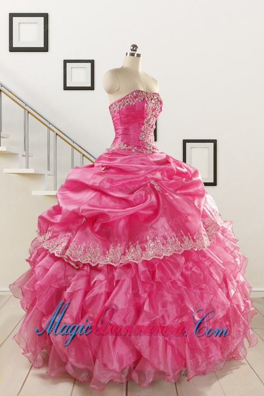 2015 Pretty Appliques and Ruffles Quinceanera Gowns in Hot Pink