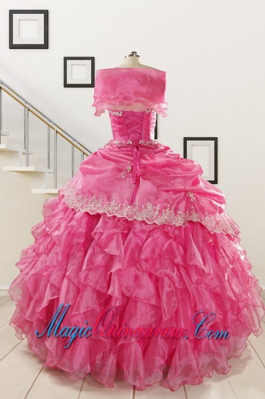 2015 Pretty Appliques and Ruffles Quinceanera Gowns in Hot Pink