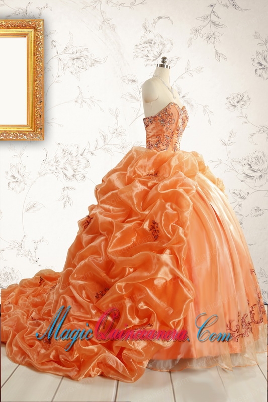 Unique Appliques Brush Train Quinceanera Dresses in Orange