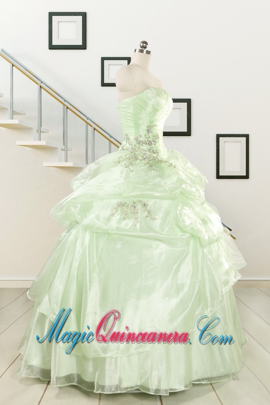 2015 Cheap Beading Strapless Yellow Green Quinceanera Gowns