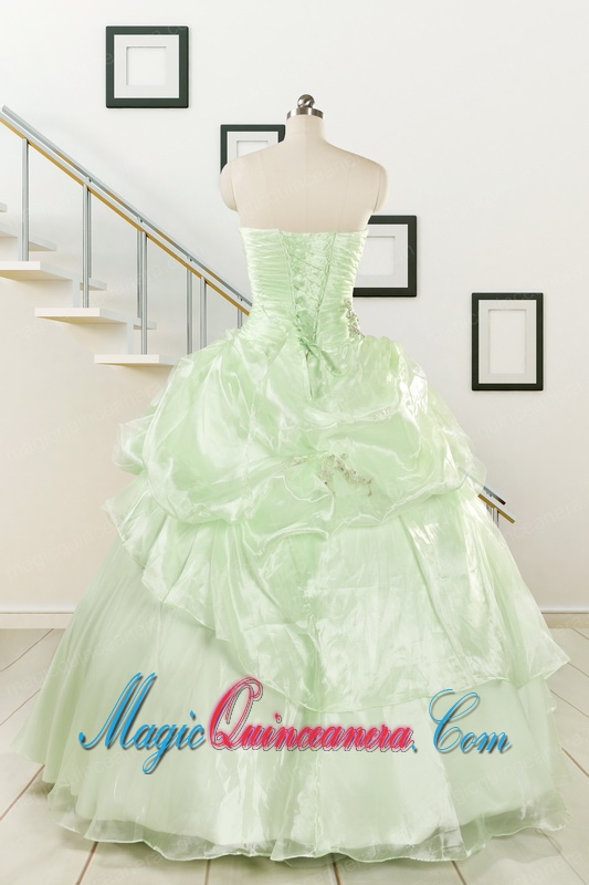 2015 Cheap Beading Strapless Yellow Green Quinceanera Gowns