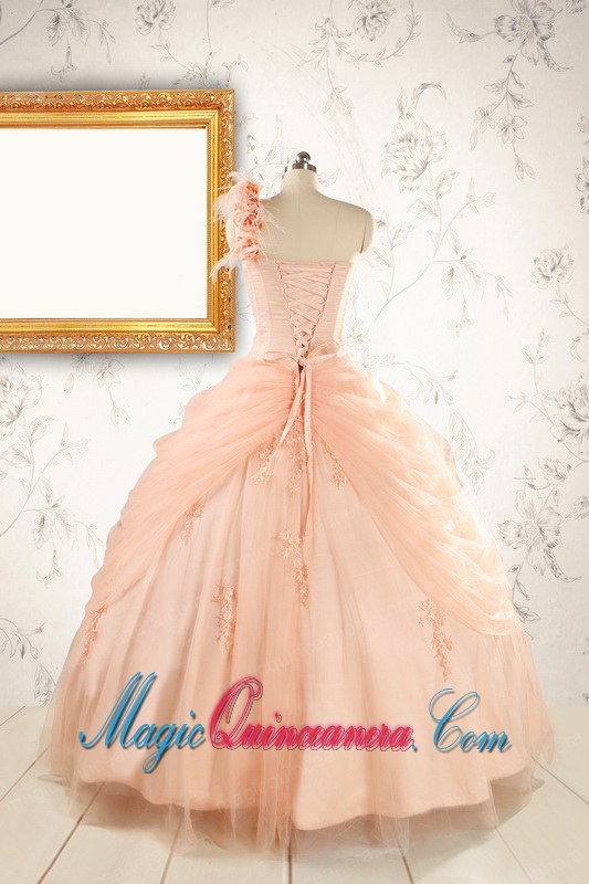 2015 Pretty One Shoulder Appliques Quinceanera Dress in Peach