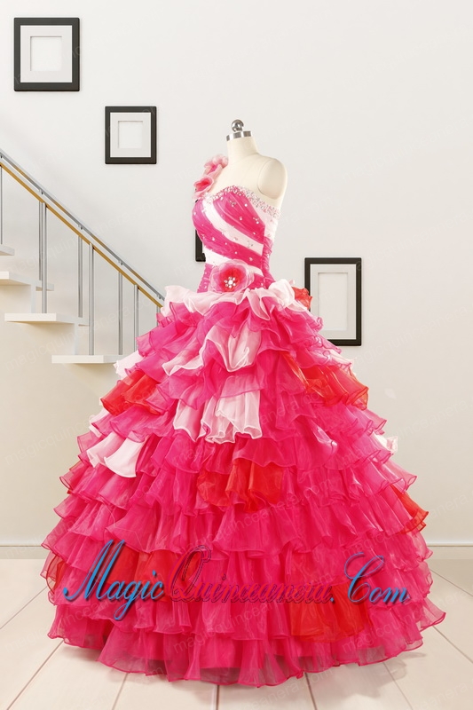 2015 Multi Color Hand Made FlowerQuinceanera Dress with One Shoulder