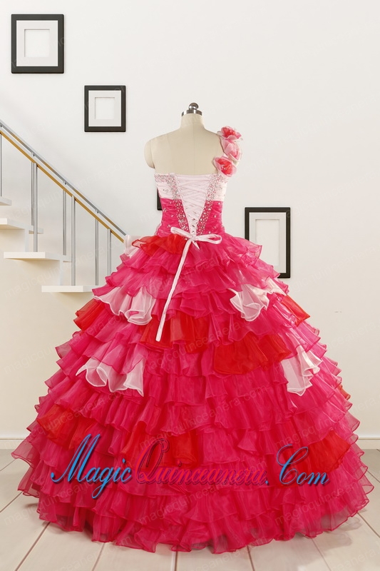 2015 Multi Color Hand Made FlowerQuinceanera Dress with One Shoulder