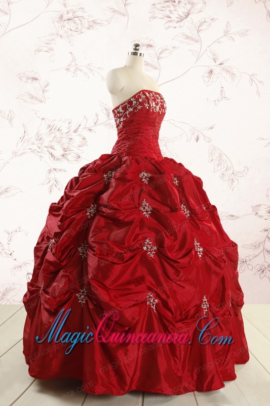 Discount Strapless Wine Red Appliques Quinceanera Dresses for 2015