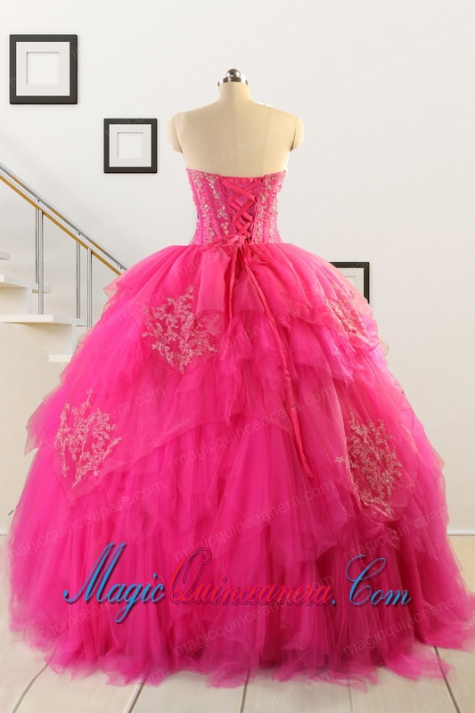 2015 Pretty Appliques Dresses For 15 in Hot Pink