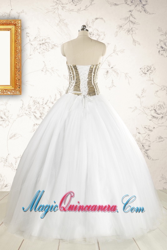 2015 The Super Hot Tulle Strapless Sequins White Quinceanera Dresses