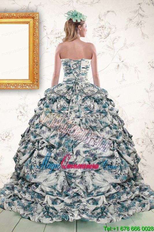 2015 Exquisite Turquoise Sweep Train Quinceanera Dresses with Beading and Picks Ups