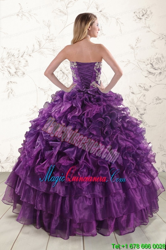 Purple Strapless 2015 Quinceanera Dress with Appliques