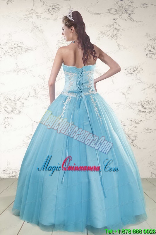 2015 Pretty Aqua Blue Quinceanera Dresses with Beading and Appliques