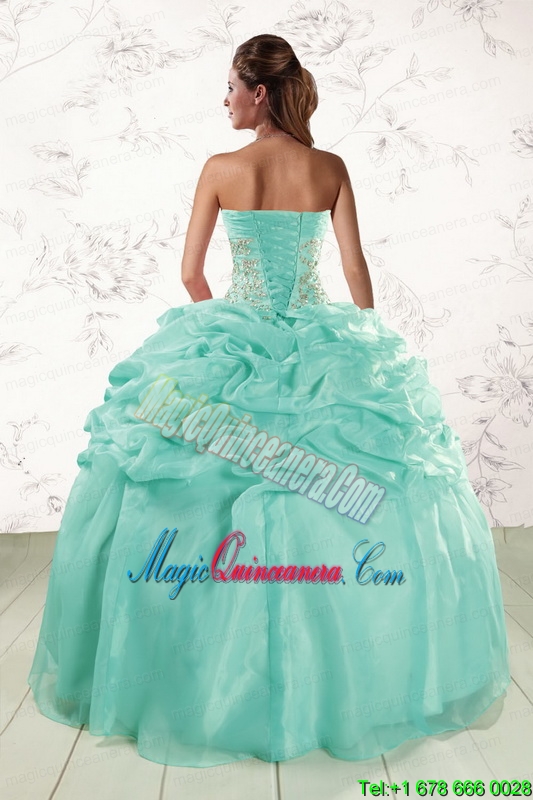 2015 Pretty Puffy Apple Green Sweet 16 Dresses with Beading