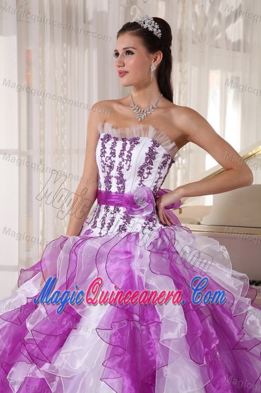 Lavender and White Dresses of 15 with Appliques and Puffy Ruffles