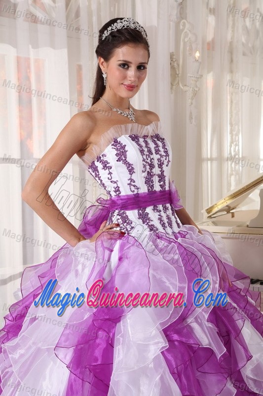 Lavender and White Dresses of 15 with Appliques and Puffy Ruffles