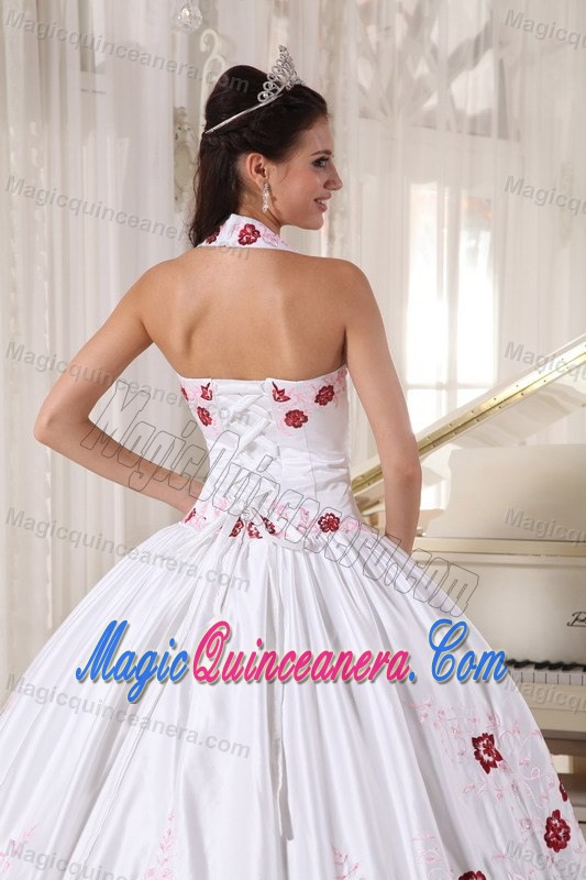 White Halter Taffeta Dresses of 15 with Wine Red Embroidery 2013