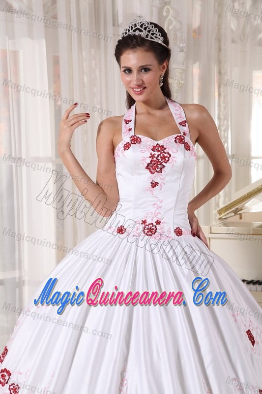 White Halter Taffeta Dresses of 15 with Wine Red Embroidery 2013