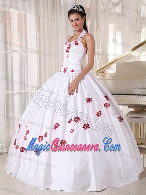 White Halter Taffeta Dresses of 15 with Wine Red Embroidery 2013