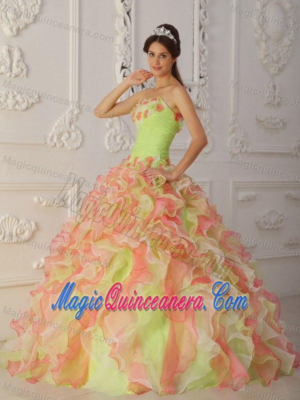 Colorful Strapless Dresses Quinceanera with Appliques and Ruffles