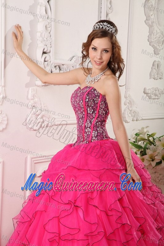 Beaded Bodice Hot Pink Dresses for Quinceaneras with Frilly Ruffles