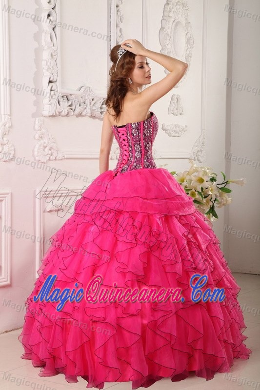 Beaded Bodice Hot Pink Dresses for Quinceaneras with Frilly Ruffles