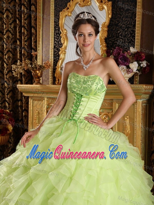 Yellow Green Strapless Dresses for 15 with Ruffles Beads in Anasco