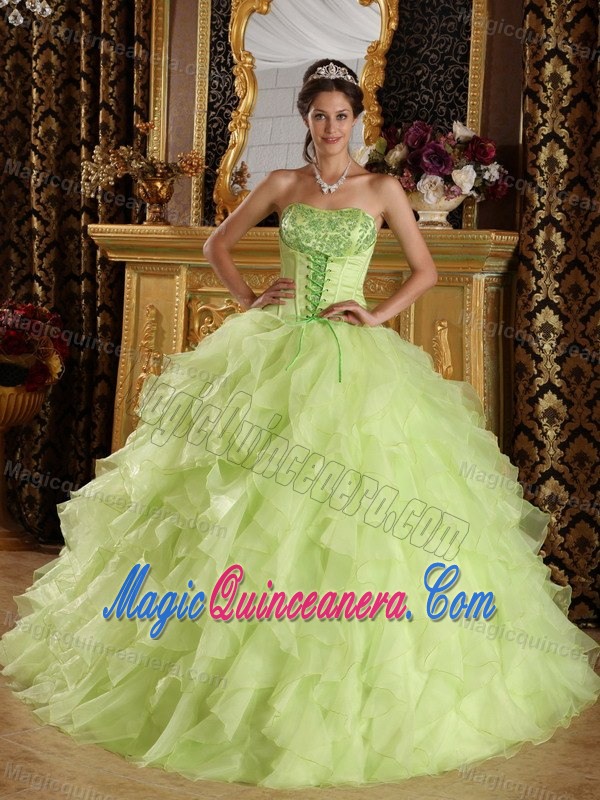 Yellow Green Strapless Dresses for 15 with Ruffles Beads in Anasco