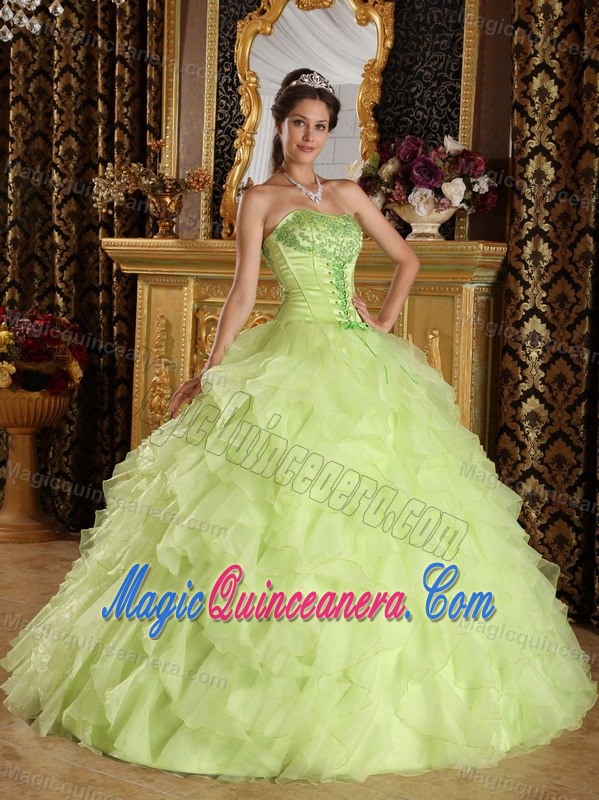 Yellow Green Strapless Dresses for 15 with Ruffles Beads in Anasco