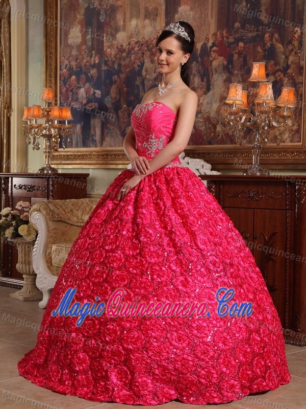 Embossed Fabric Hot Pink Appliqued Dresses for Sweet 16