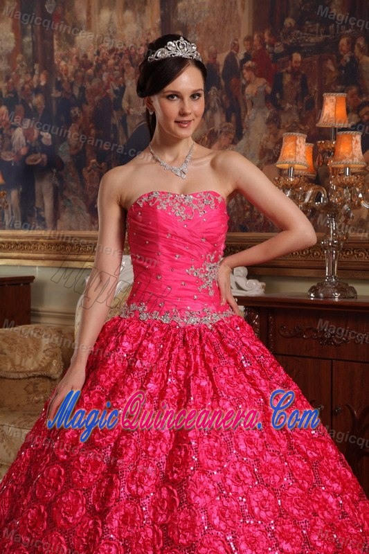 Embossed Fabric Hot Pink Appliqued Dresses for Sweet 16