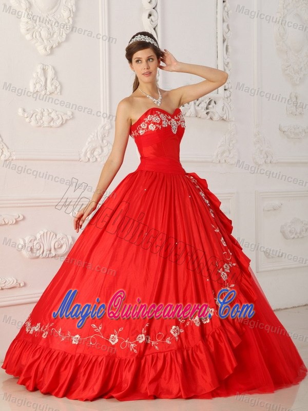 Red A-line Quinceanera Dress with White Embroidery About 200