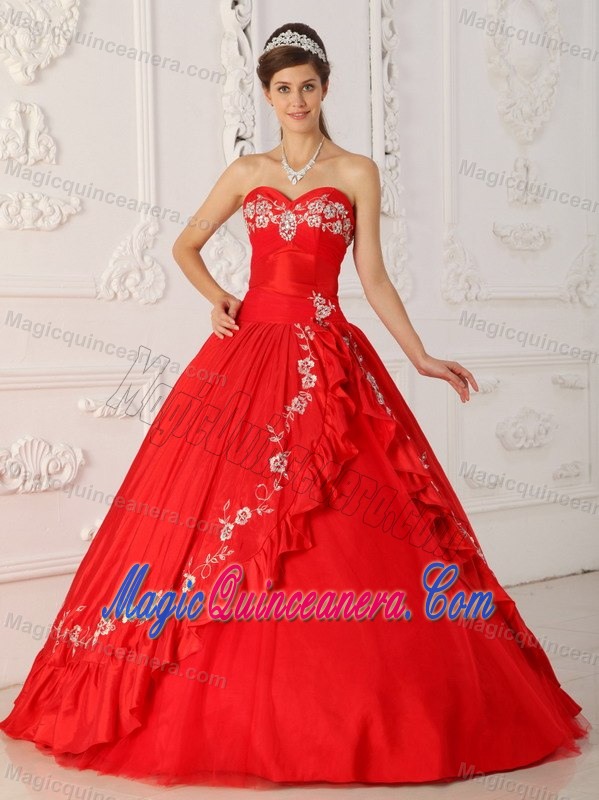 Red A-line Quinceanera Dress with White Embroidery About 200