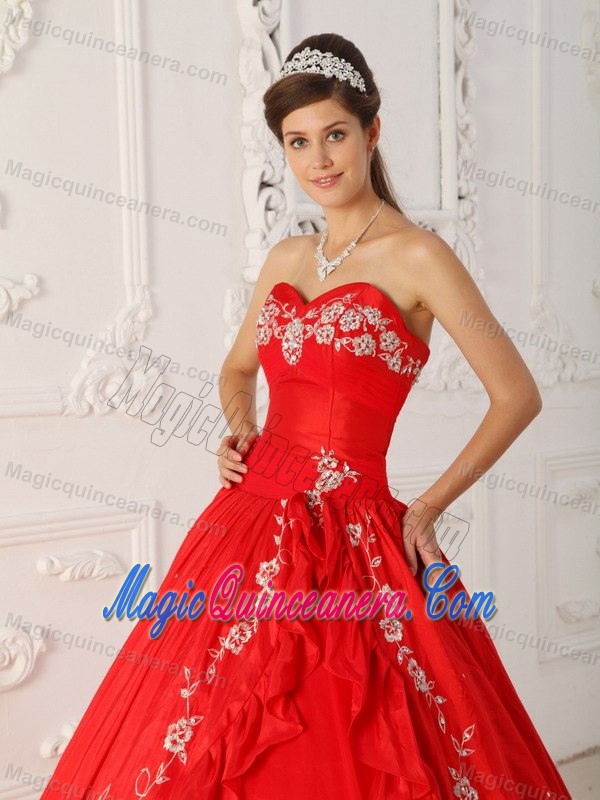 Red A-line Quinceanera Dress with White Embroidery About 200