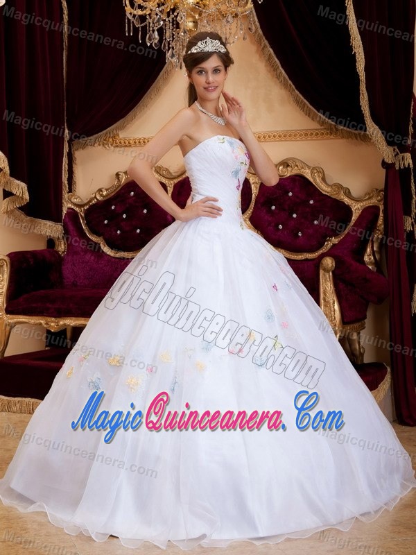 White Strapless Dresses for Quince with Colorful Appliques