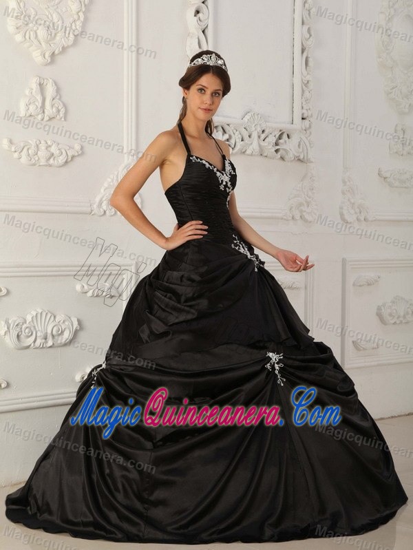 Halter Top Black Taffeta Quinces Dresses with White Appliques