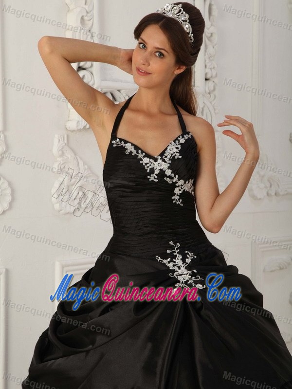 Halter Top Black Taffeta Quinces Dresses with White Appliques