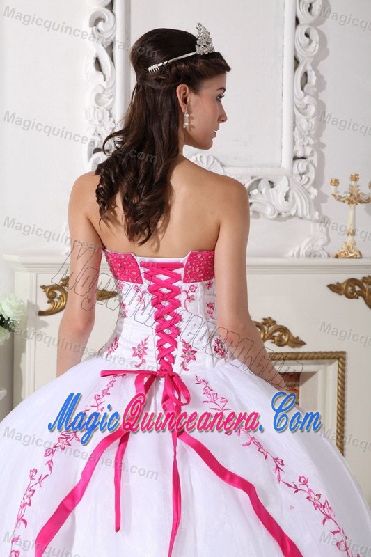 White and Hot Pink Ball Gown Embroidery Quinceanera Dresses