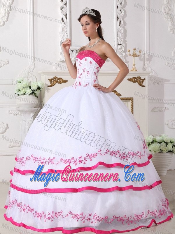 White and Hot Pink Ball Gown Embroidery Quinceanera Dresses