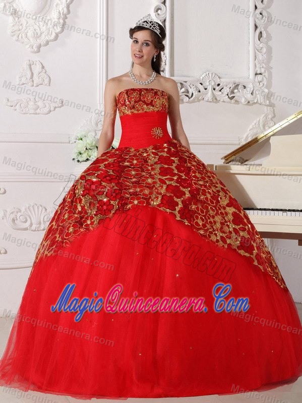 Shimmery Tulle Paillette Red Sweet 15 Dresses with Floral Patterns