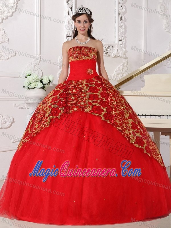 Shimmery Tulle Paillette Red Sweet 15 Dresses with Floral Patterns