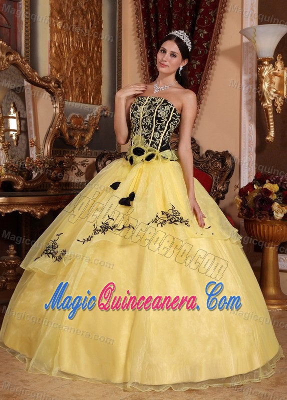 Yellow and Black Ball Gown Flowers Quinces Dresses in Mendoza