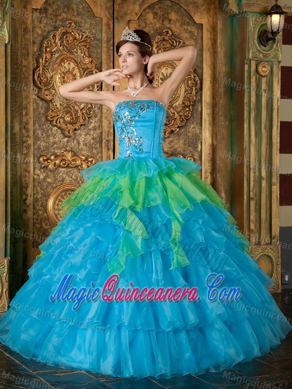 Strapless Two-toned Ruffled Layers Appliqued Quinceanera Dress