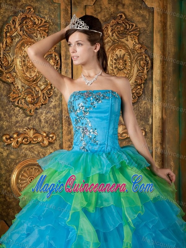 Strapless Two-toned Ruffled Layers Appliqued Quinceanera Dress