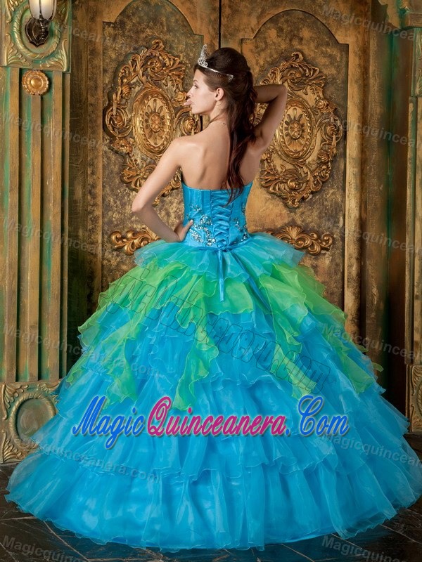 Strapless Two-toned Ruffled Layers Appliqued Quinceanera Dress