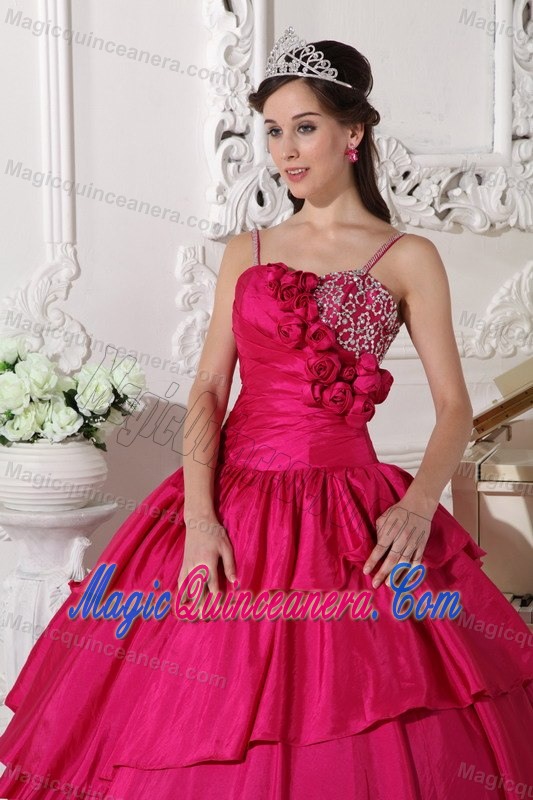 Hot Pink Flowers Spaghetti Straps Quinceanera Dress under 200